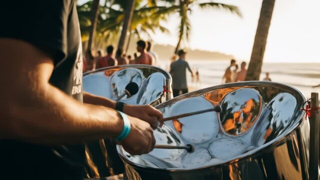 Steelpan Music on a Tropical Beach: Performance at Sunset with Crowd and Palm Trees