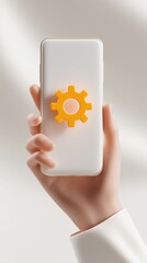 Smartphone Device in Hand with Gear Settings Icon, Mobile Technology with Digital Configuration, Customizable Interface on Touchscreen Display, Gadget Efficient Adjustment Tool for Business Operation