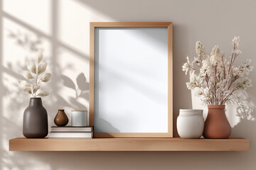 Picture Frame Mockup on Shelf with Decor and Sunlight