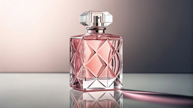 A pink perfume bottle with a crystal cap reflects light on a shiny surface