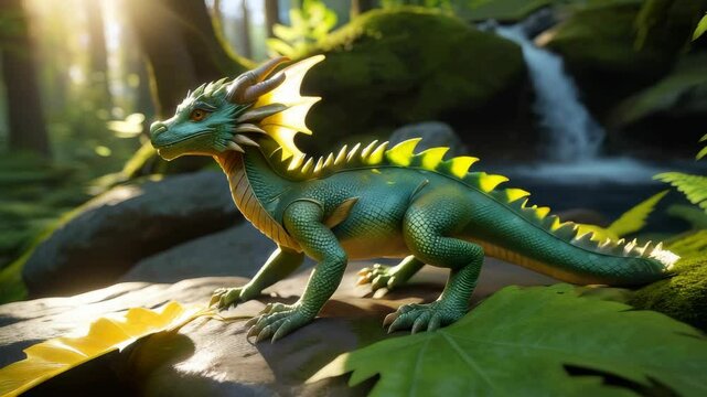 A green dragon is standing on a rock near a waterfall. The dragon has a large head and is surrounded by lush green foliage. The scene is serene and peaceful