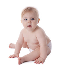 Cute little baby in diaper on white background