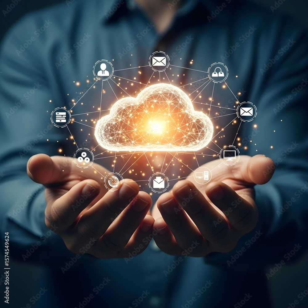 Poster cloud computing and data storage concept with person holding digital cloud
