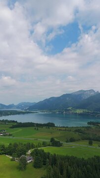 Lake Wolfgangsee and Strobl Town in the Salzburg Region in a vertical shot.