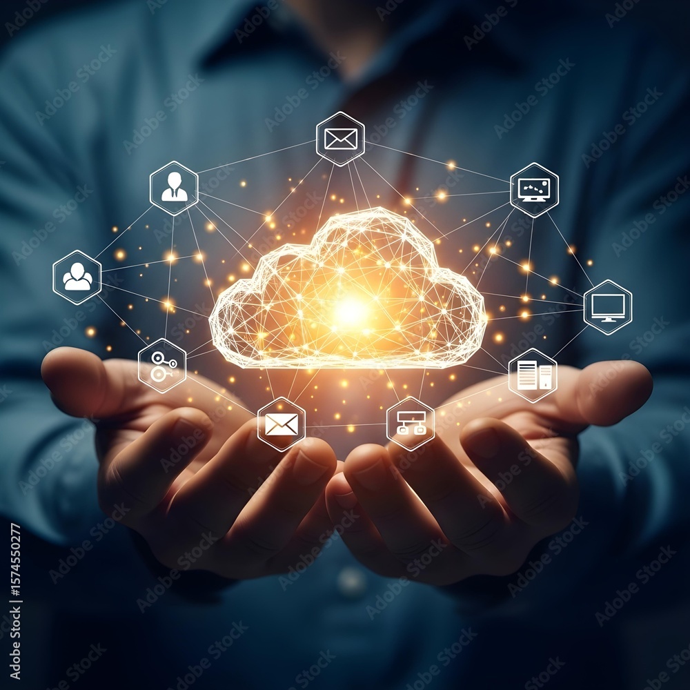 Poster man holding cloud computing network with glowing connections for business technology