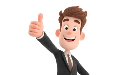 3D cartoon businessman giving thumbs up with big smile, isolated white background