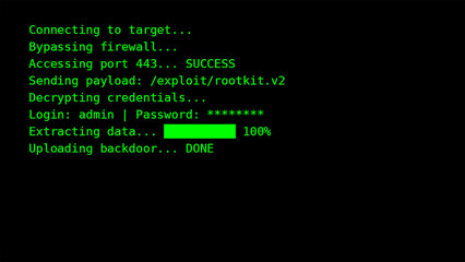 Hacker Terminal Screen with Cyber Attack Simulation on Black Background - Green terminal texts

