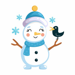 Funny cute snowman and snowflakes. Illustration on white background. postcard decoration element.