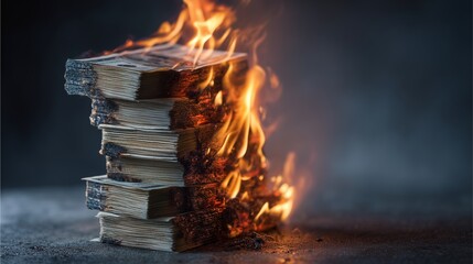 Burning Books: A stack of books consumed by flames, embodying a sense of loss, destruction, and the fragility of knowledge.