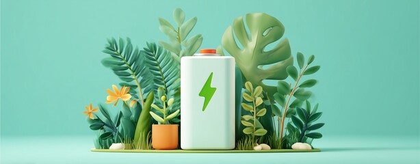 Eco-Friendly Power: A symbolic representation of sustainable energy, showcasing a battery integrated seamlessly with lush foliage. It is a visual narrative of nature and technology working in harmony.