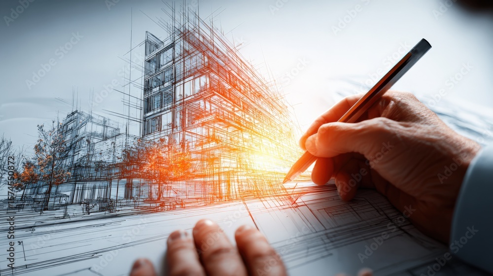 Poster modern construction planning and design of a new high-rise building with precision drawing and archi