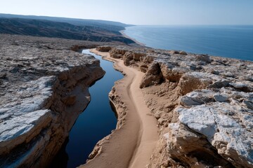 A tranquil river curves along rocky bluffs, merging with the sea, under a wide sky, highlighting nature&rsquo;s artistry while invoking a sense of peace and harmony in the scenery.