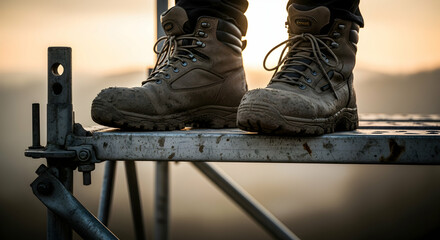 Work boots on scaffolding platform