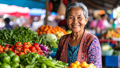 Elderly woman selling vegetables at a local market