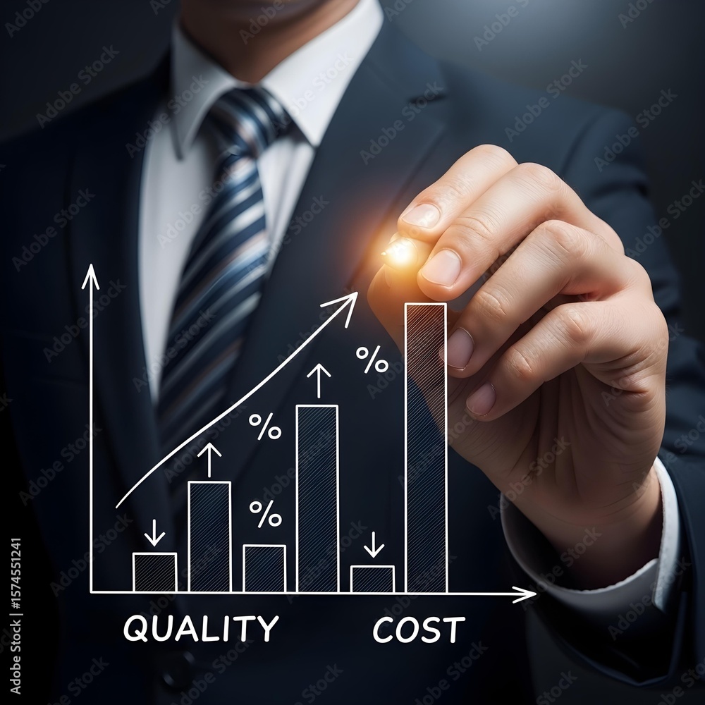 Poster businessman drawing a quality versus cost graph with increasing performance and efficiency