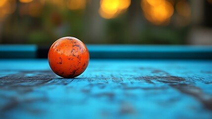 Rusty orange ball on a weathered turquoise surface.