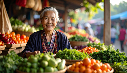 Elderly woman selling vegetables at a local market