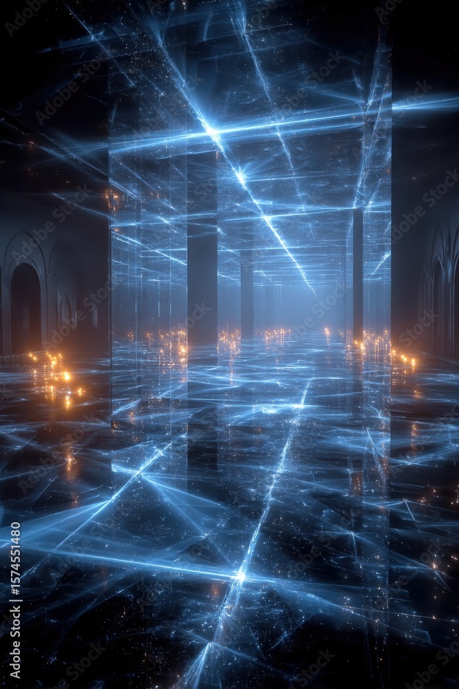 Poster futuristic glowing blue network grid inside a dark sci-fi hall with reflections and light streaks cr