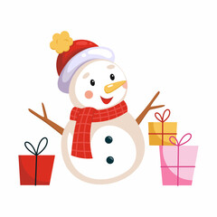 Funny cute snowman with gifts on white background. Illustration on white background. postcard decoration element.