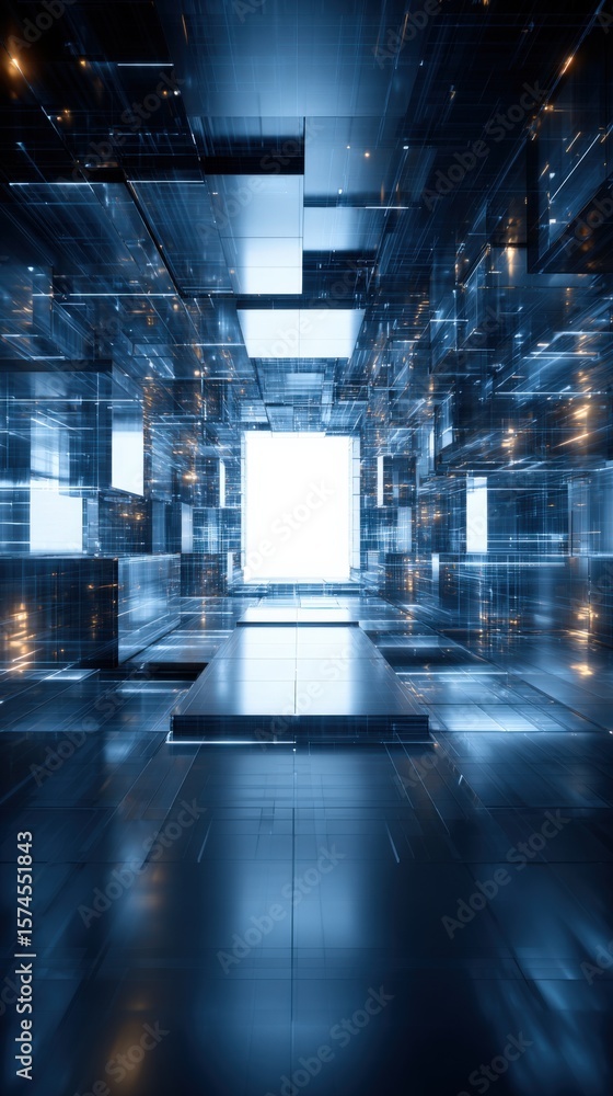 Poster futuristic digital data center with glowing blue lights and reflective surfaces creating a high-tech
