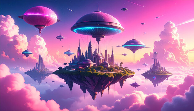 Futuristic city floats amidst fluffy clouds, surrounded by flying saucers.