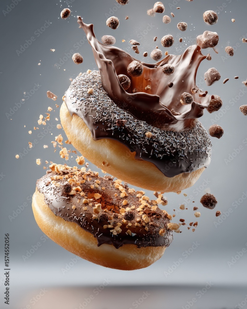 Poster dynamic chocolate splashes and powdered sugar dust over two donuts with toppings and toppings with f