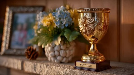 Close-up of golden 'Best Dad' award trophy displayed on a mantlepiece, with family photo and flowers softly blurred, suitable for Father's Day promotion.