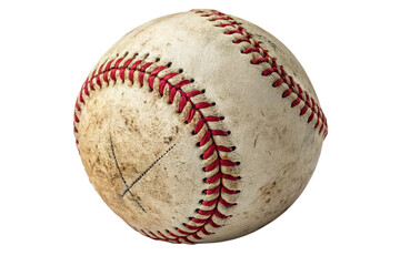 Close up of a worn and dirty baseball with red stitching isolated on transparent background