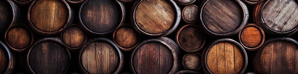 Stacked wooden barrels