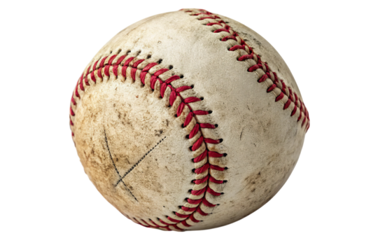 Close up of a worn and dirty baseball with red stitching isolated on transparent background
