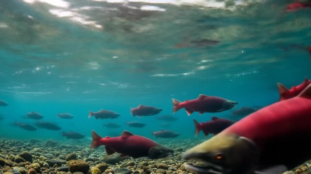 Underwater migration: A school of vibrant red salmon swimming upstream in clear, rocky river waters.