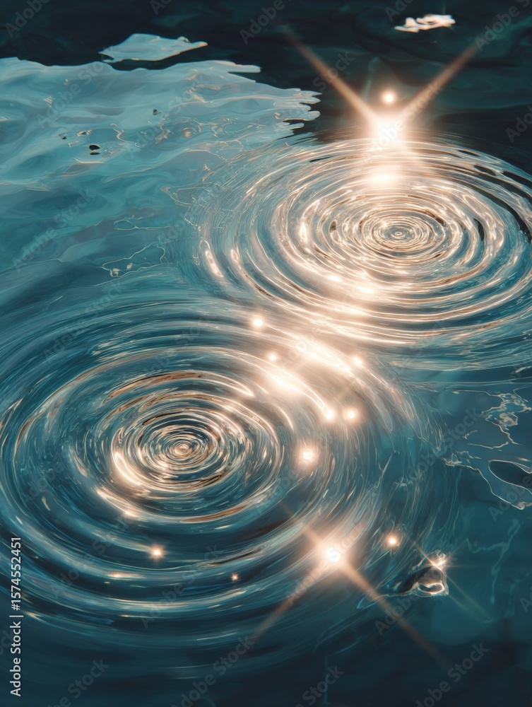 Poster close-up view of shimme water ripples with sunlight reflections creating sparkling effects and circu