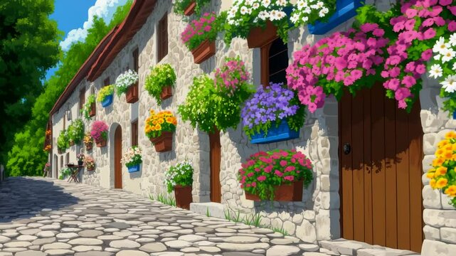 Illustrated animated European village street scene with traditional stone buildings adorned with colorful flower boxes and cobblestone pavement under blue sky.
