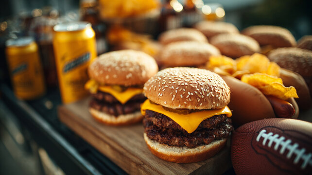 top-down view of a tailgate party table, grilled burgers with melted cheese, hot dogs in buns, potato chips, beer cans, football helmet on side,