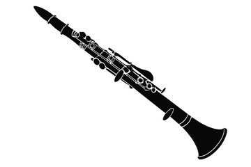 Black silhouette of a musical clarinet with detailed keys and bell © Niranjon