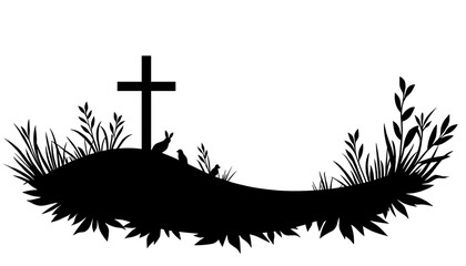 Cross silhouette on grassy hill with rabbits, Easter and resurrection symbolism