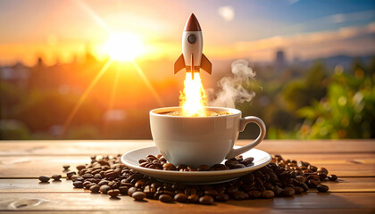 Rocket launching from coffee cup sunrise.