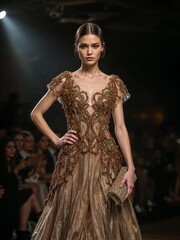 A model wearing a gold beaded gown with a matching clutch on a runway with a dark background and audience