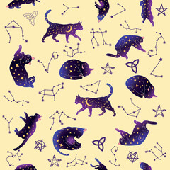 Mystical seamless pattern of cats in boho style, silhouette collection. Esotericism and mysticism, occultism. Cartoon flat vector illustrations, isolated