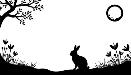 Silhouette of rabbit under stylized moon and tree, Chinese New Year lunar theme