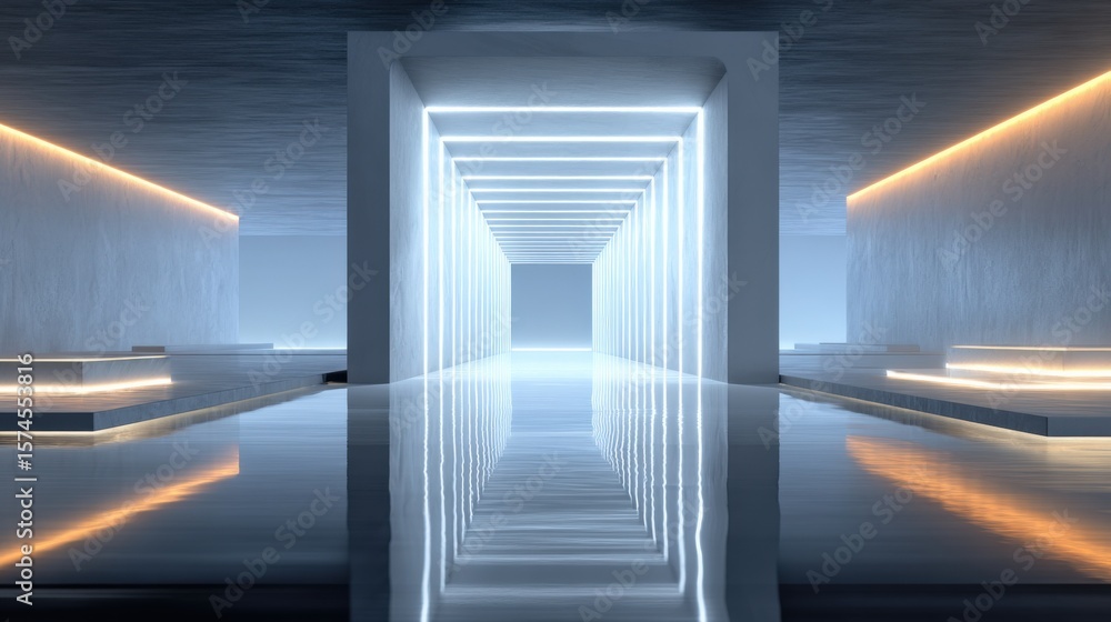 Poster futuristic corridor with led lighting and reflective floor in a high-tech modern building interior d