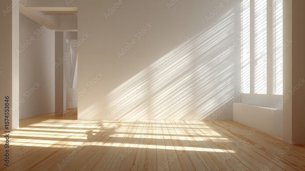 Poster bright empty room with sunlight streaming through large window creating shadows on the wooden floor 
