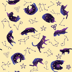 Mystical seamless pattern of cats in boho style, silhouette collection. Esotericism and mysticism, occultism. Cartoon flat vector illustrations, isolated
