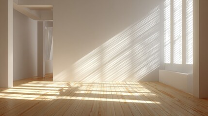 Obraz premium Bright empty room with sunlight streaming through large window creating shadows on the wooden floor and clean minimalist interior space