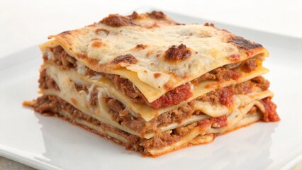 A delicious square portion of homemade lasagna with meat sauce, cheese, and pasta layers on a white plate