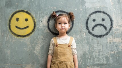 A cute little Asian girl stands in front of a wall, smiling and frowning with two smiley faces drawn on it. There is an illustration next to her showing sad face emoji symbols. 