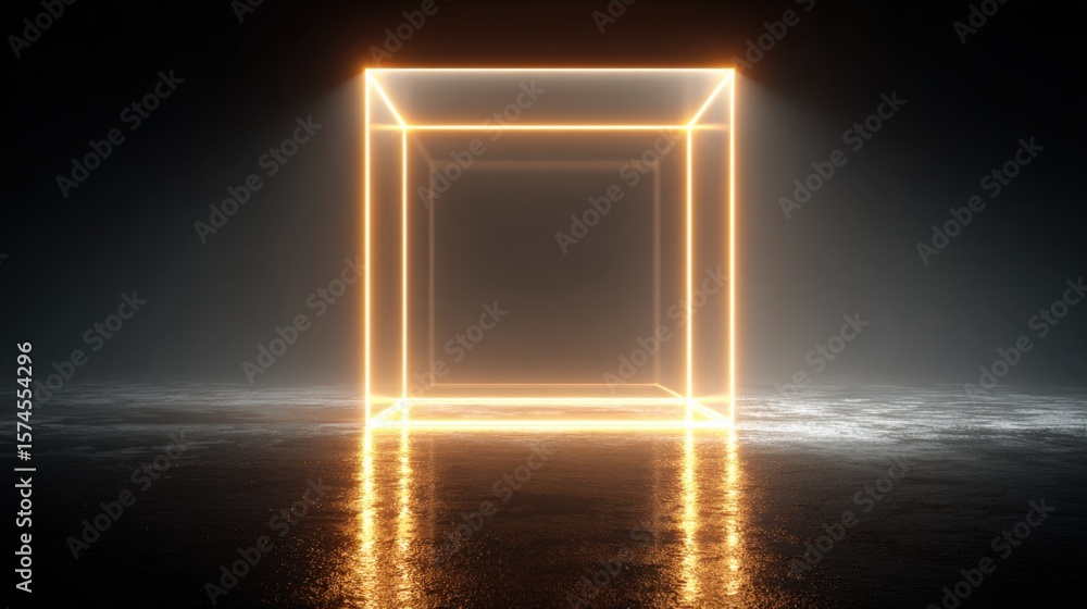 Poster futuristic glowing gold illuminated square frame floating above reflective water surface in dark min