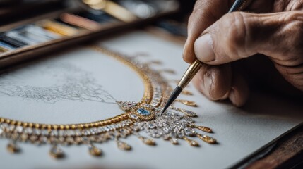 Obraz premium Close-up of skilled jeweler's hand working on intricate diamond necklace with precision tools in detailed workshop environment