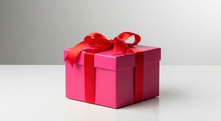 Obraz premium A vibrant pink gift box adorned with a beautiful red ribbon bow sits on a white surface against a light grey background