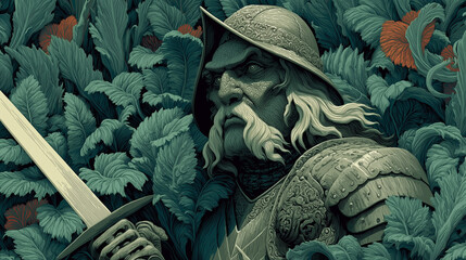 A historical illustration of a conquistador in armor, holding a sword, hidden within dense, green jungle foliage. A concept of danger and exploration.